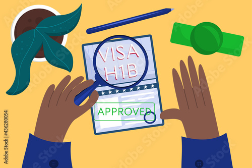Concept of an approved working American visa, top view. Employee's hands approved American visa. A desk at the embassy. Vector illustration in flat style.