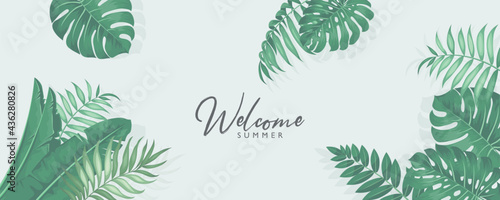 Minimalist summer banner design with tropical leaves theme