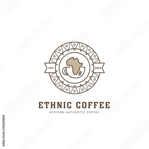 Ethnic african coffee logo in round badge icon style with tribe ethnic pattern decoration