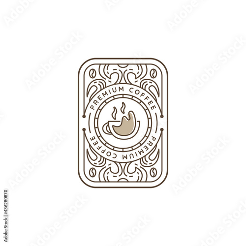 Monoline hot coffee logo in badge vintage decorative card style icon