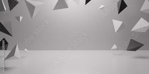 Fototapeta Naklejka Na Ścianę i Meble -  Abstract pattern of triangles with empty space in the center. 3D illustration of a white studio for product presentation and advertising. 3D rendering.
