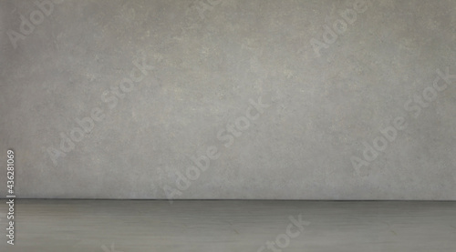 Grey cement wall which can be used as a blank advertising background. An empty studio room with a concrete wall for an advertising text or product display © Studio Romantic