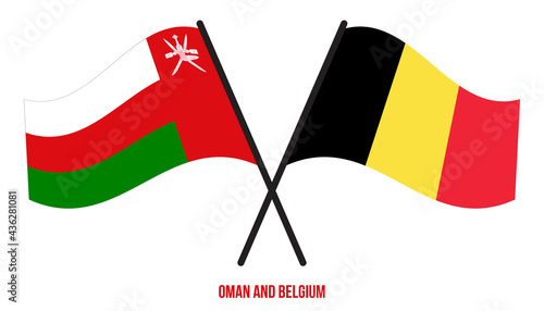 Oman and Belgium Flags Crossed And Waving Flat Style. Official Proportion. Correct Colors.