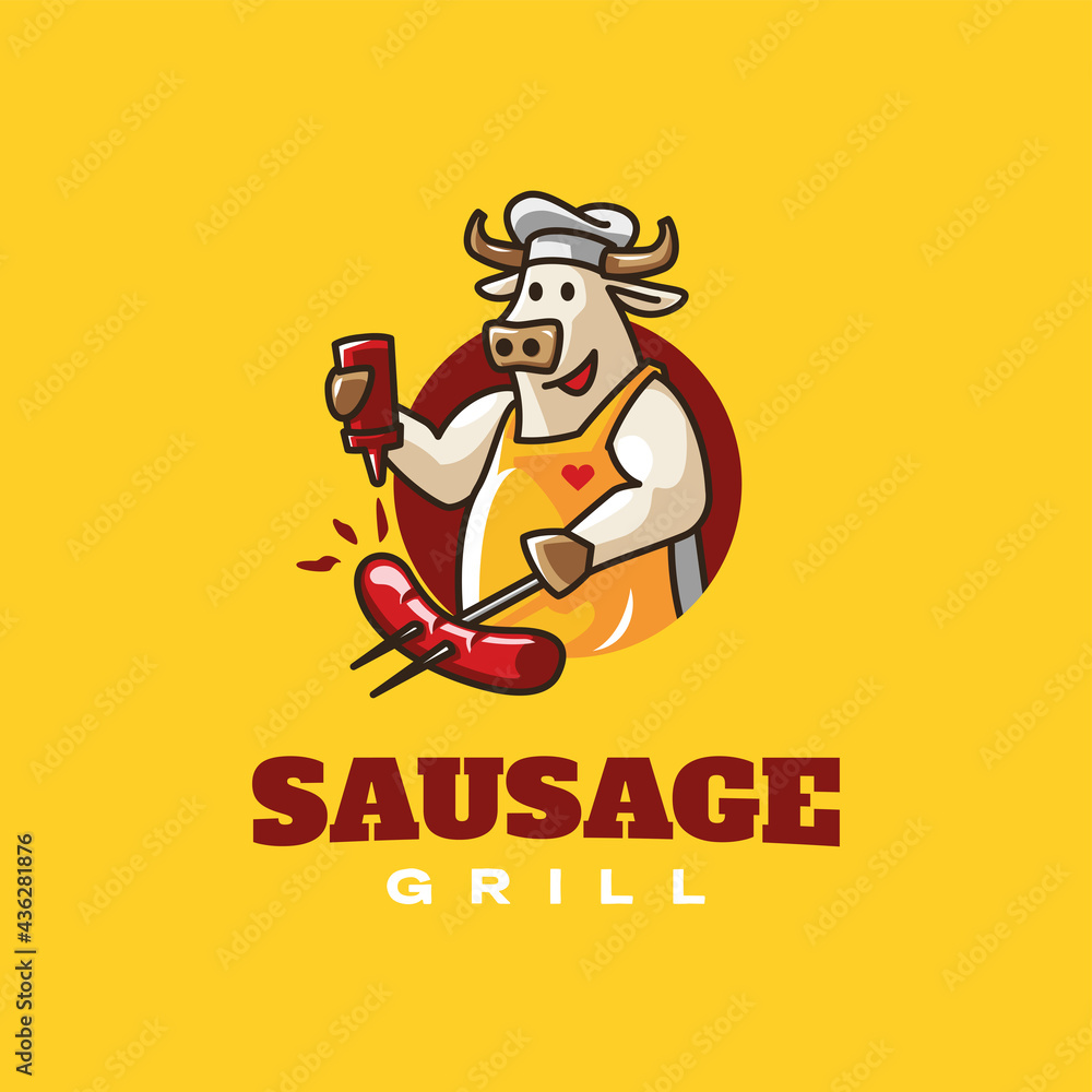 Happy chef cow seasoning sausage grill logo design concept