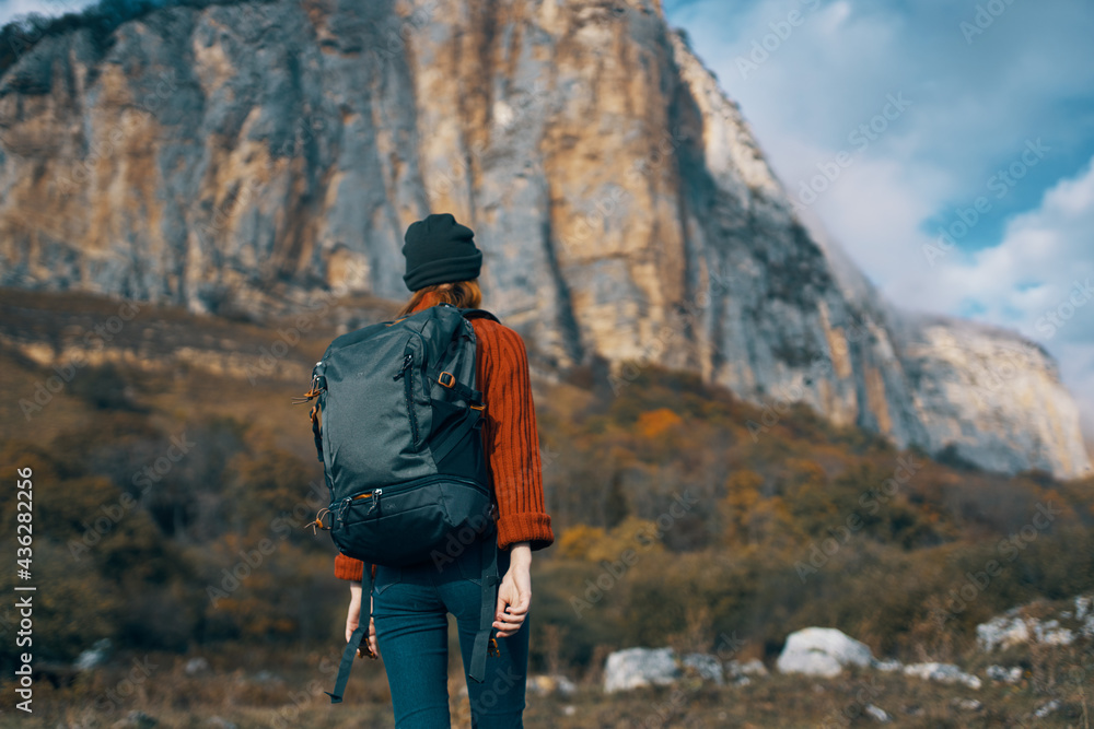 woman hiker walk nature mountains travel freedom