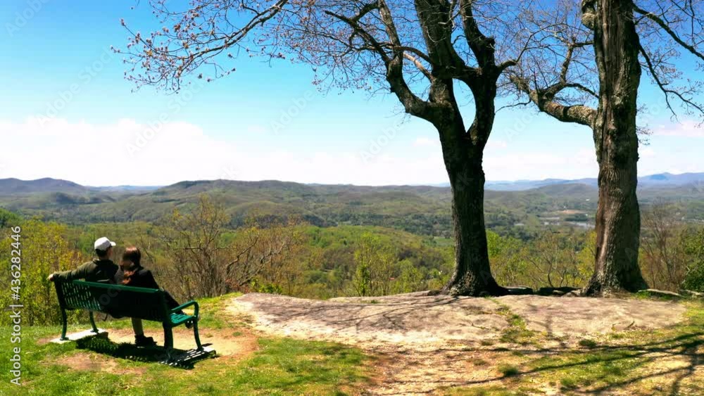 Aerial: Male And Female Tourist Sitting On Bench Over Landscape, Drone Flying Over Forest Against Cloudy Sky - Big Island, Hawaii Aerial: Male And Female Tourist Sitting On Bench Over Landscape, Drone Flying Over Forest Against Cloudy Sky - Big Island, Hawaii