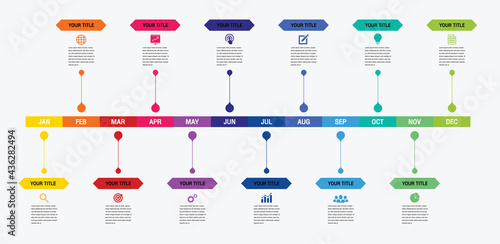 12 months or 1 year timeline infographic, timeline infographics for annual report and presentation,Timeline infographics design vector and Presentation business.