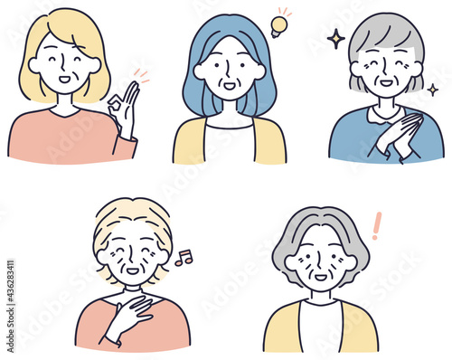 笑顔　シニア女性セット　シンプルイラスト