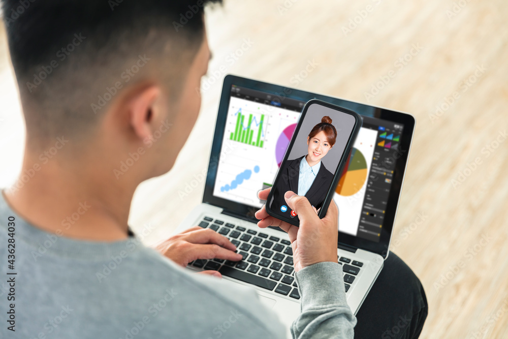 Online Video Conference Business Meeting Call On Laptop and mobile phone Online Video Conference Business Meeting Call On Laptop and mobile phone