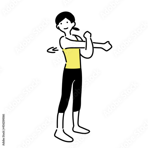 腕を伸ばすストレッチをするシンプルな女性