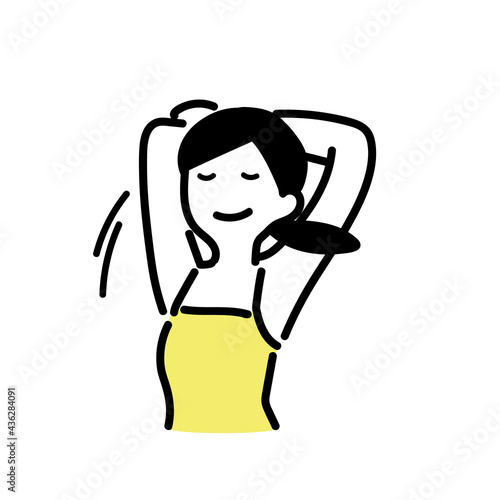 腕をのばしてストレッチをするシンプルな女性