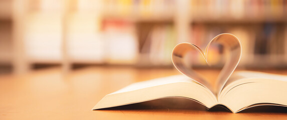 Close up page of a book in heart vintage style on the table at library room of lifestyle love to read and reading a text book and February valentine day concepts.