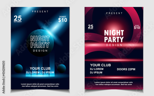 Night dance party music layout cover design template background with colorful dark blue glitters style. Light electro vector for music event concert disco, club invitation, festival poster, flyer