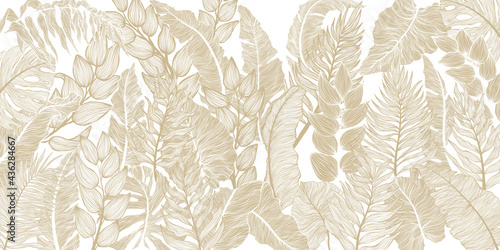 Horizontal background with various exotics golden leaves. Hand drawn luxury golden tropical leaf on dark background. Vector linear illustration of leaves.