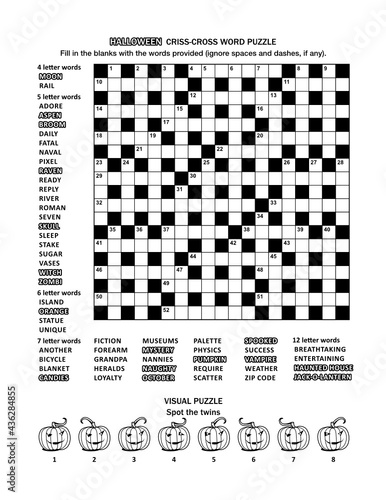 Halloween themed puzzle page with 19x19 criss-cross word game (English language) and visual puzzle with whimsical pumpkins. Black and white, A4 or letter sized.
