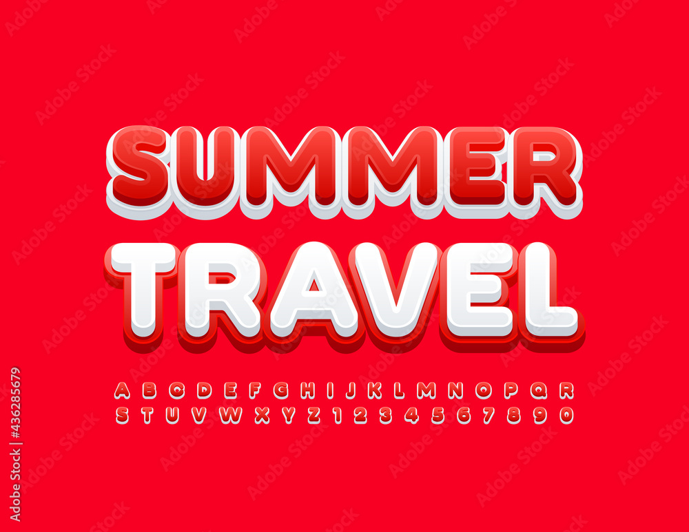 Vector Colorful banner Summer Travel with Bright Red Font. Stylish Alphabet Letters and Numbers set