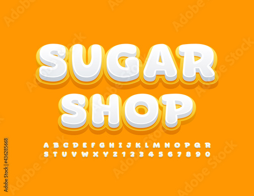 Vector sweet sign Sugar Show with Yellow and White Font. Cute Alphabet Letters and Numbers set