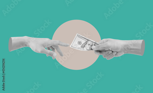 Digital collage modern art. Hand giving and receiving money  photo