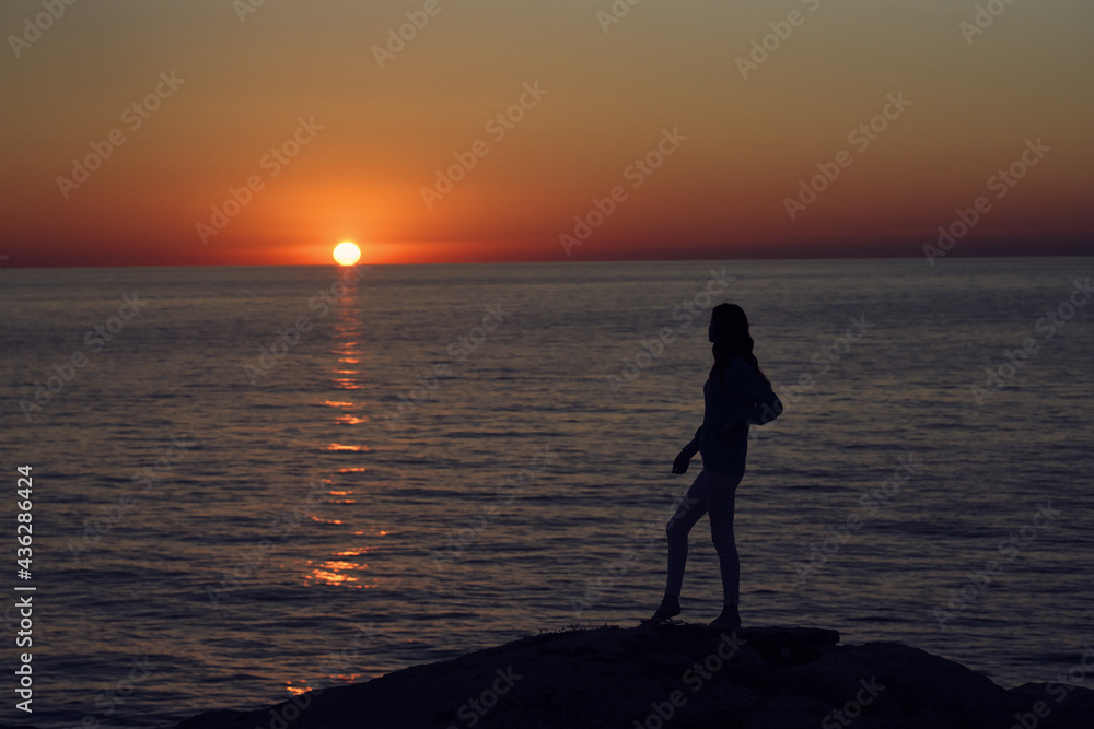 Travel woman silhouette mountains nature sunset landscape
