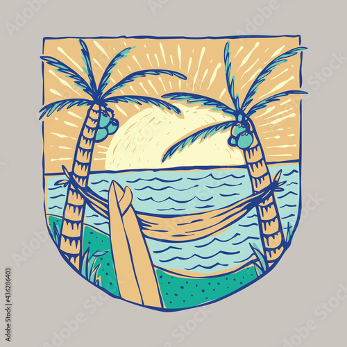 Summer beach and sunset badge patch pin graphic illustration vector art t-shirt design