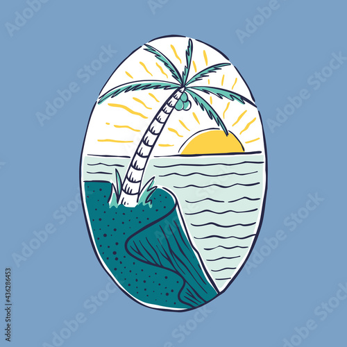 Summer beach and sunset badge patch pin graphic illustration vector art t-shirt design