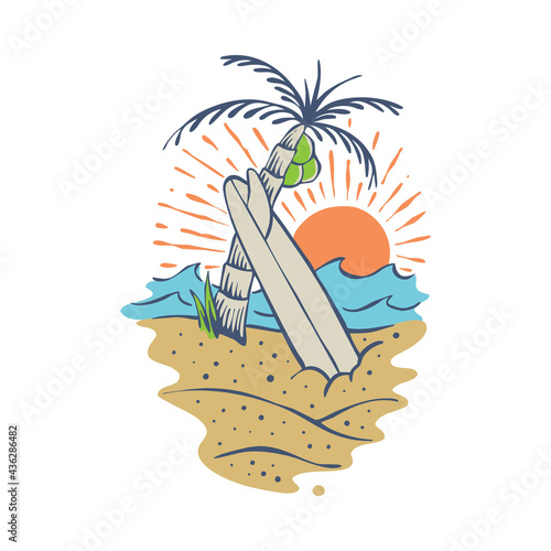 Summer beach and sunset badge patch pin graphic illustration vector art t-shirt design