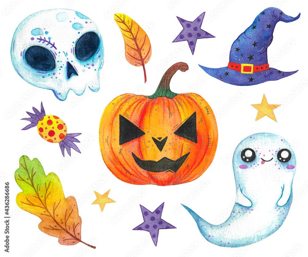 Fototapeta premium Watercolor set of Halloween illustrations. Hand drawn holiday autumn icons. Pumpkin, skull, ghost, magic hat. Witch artifacts, warlock items. Isolated objects on white.