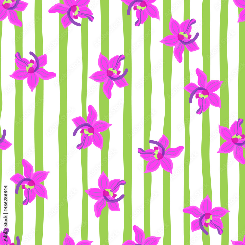 Obraz premium Bright pink orchid flowers silhouettes seamless pattern. Floral backdrop. White and green striped background.