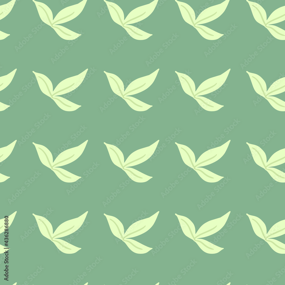 Fototapeta premium Decorative botanic seamless pattern with doodle minimalistic leaf ornament. Green background.