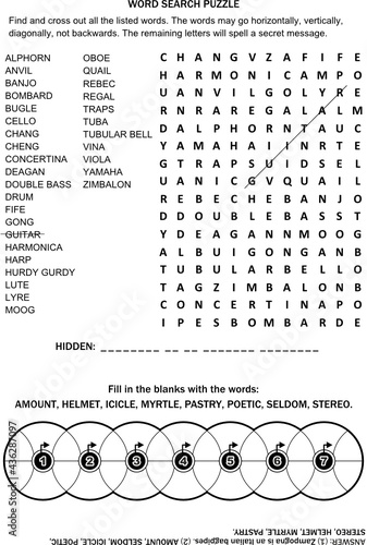 Puzzle page with two word games (English language) for adults or children. Black and white, A4 or letter sized. Answer included.
