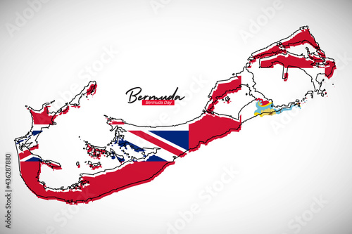 Happy Bermuda day. Creative national country map with Bermuda flag vector illustration