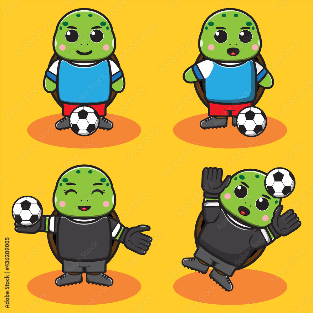 Fototapeta premium Vector illustration of cute Little Turtle Football ,Soccer cartoon set. Good for icon, logo, label, sticker, clipart.