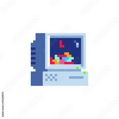 Retro computer. Pixel art icon. Tetris game on the screen. Stickers design. Isolated vector illustration.