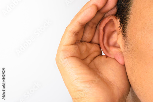 Human ears and hands on a white background