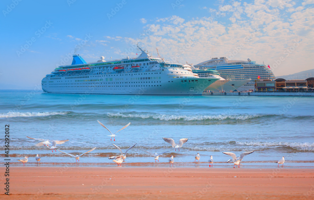 Fototapeta premium The cruise ship is located on Kusadasi Island in the port of Kusadasi with Segull flying on the beach - Kusadasi, Turkey