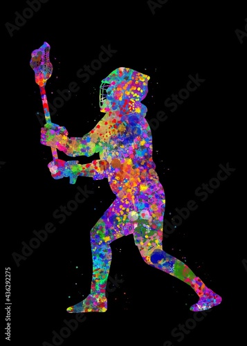Lacrosse player watercolor art with black background, abstract sport painting. sport art print, watercolor illustration rainbow, colorful, decoration wall art.