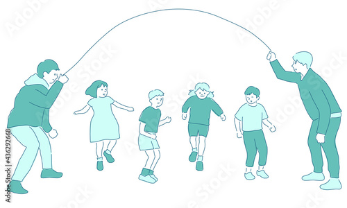 Illustration of a kids enjoying skipping rope (white background, vector, cut out)