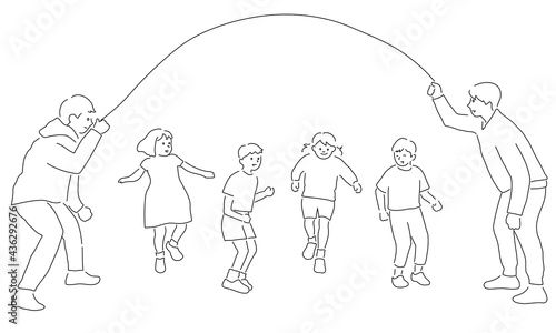 Illustration of a kids enjoying skipping rope (white background, vector, cut out)