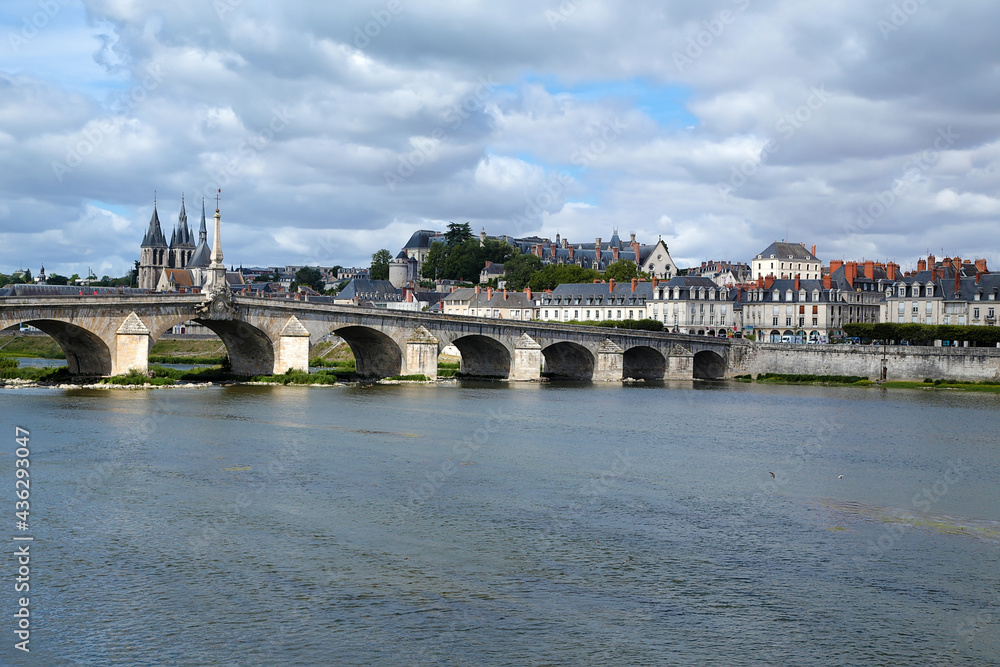 Blois, France. Jaques Gabriel stone bridge (1724) and the historical part of the city 