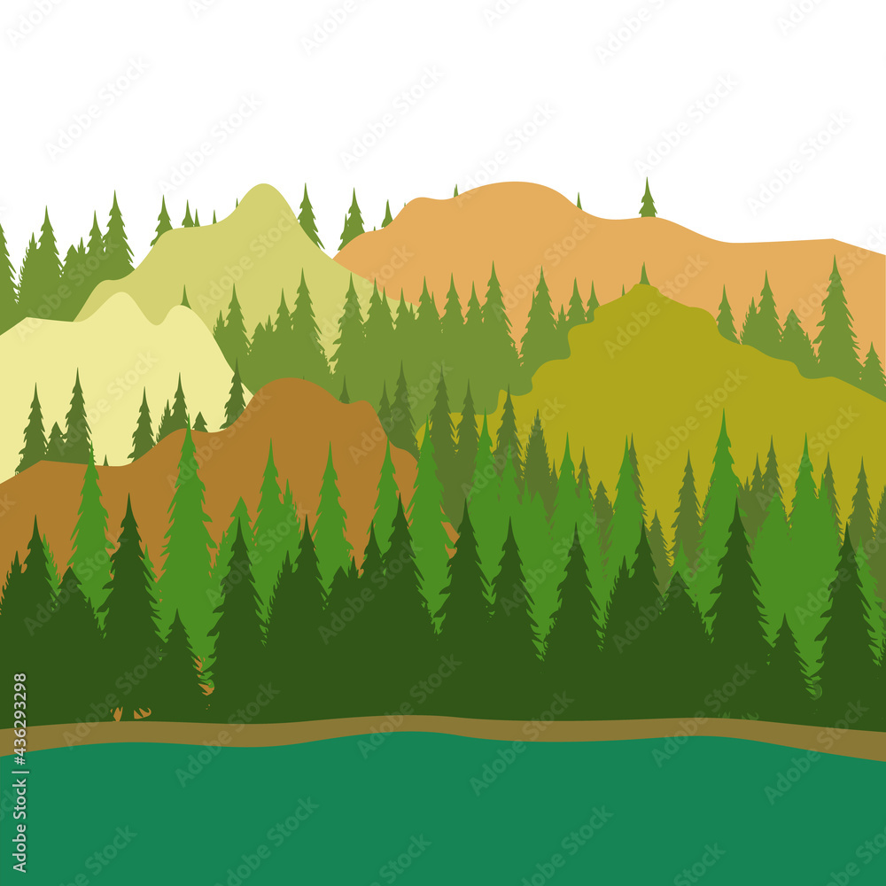 Silhouette Background Illustration of Green Tropical Forest and Mountains