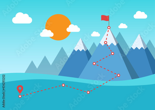 Mountain peak with flag landscape, Business concept growth and the path to success, Goal achievement successful, Flat design vector illustration