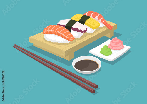 Nigiri Sushi served set bar, (Sake, Tako, Tamago, Ebi) on wooden plate with wasabi, pickled ginger, and chopsticks, Japanese seafood, Vector Illustration
