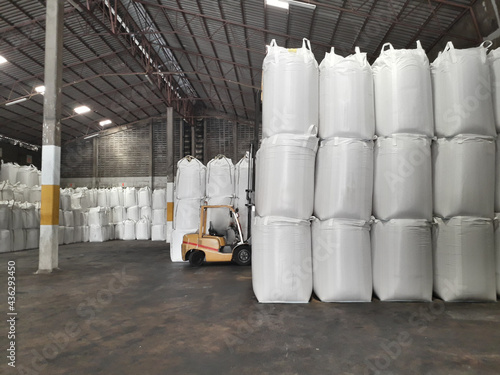 Stock pile Chemical fertilizer jumbo-bag in warehouse waiting for shipment.
