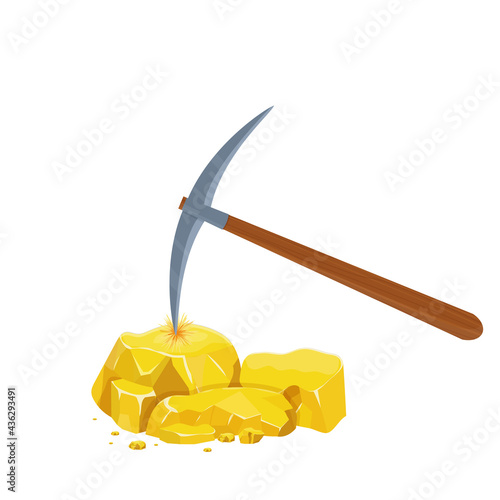 Wooden pickaxe and gold nugget pile, ore in cartoon style isolated on white background. Mine, digging concept. Handle tool, instrument. 
