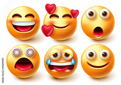 Smileys emoji vector character set. Smiley 3d emoticons like in love, happy, crying and dizzy facial expressions isolated in white background for emoticon collection design. Vector illustration
