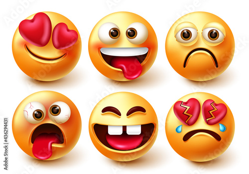 Emoticons smiley characters vector set. Emoticon 3d emojis isolated in white background with funny, crazy, in love and broken heart facial expression for smileys character collection design.