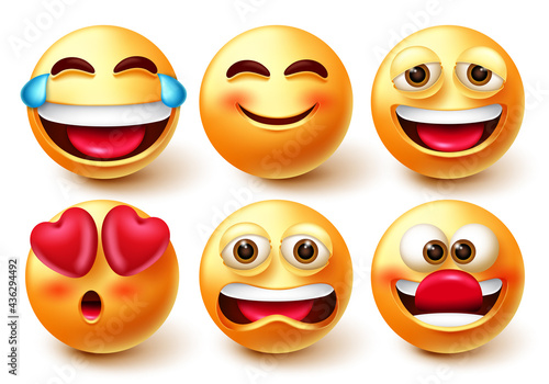 Emoji smileys characters vector set. Emoticon 3d smiley icon with laughing, smiling, funny and upset mood facial expressions isolated in white background for character emoticons collection design.
