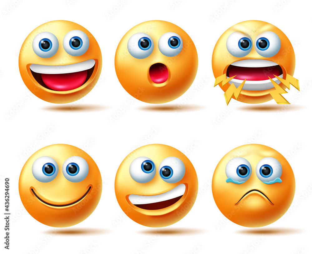 Smileys vector character set. Smiley 3d emoticon with smiling, shouting and teary eyed facial expressions isolated in white background for emoji design collection. Vector illustration
Smileys vector character set. Smiley 3d emoticon with smiling, shouting and teary eyed facial expressions isolated in white background for emoji design collection. Vector illustration