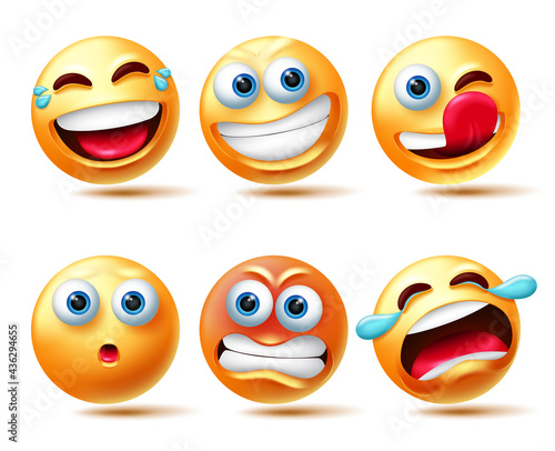 Emoticon smileys vector set. Smiley 3d emojis character in facial expressions like laughing, angry and crying for emoticons character collection design. Vector illustration

