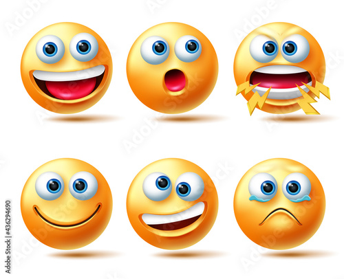 Smileys vector character set. Smiley 3d emoticon with smiling, shouting and teary eyed facial expressions isolated in white background for emoji design collection. Vector illustration 